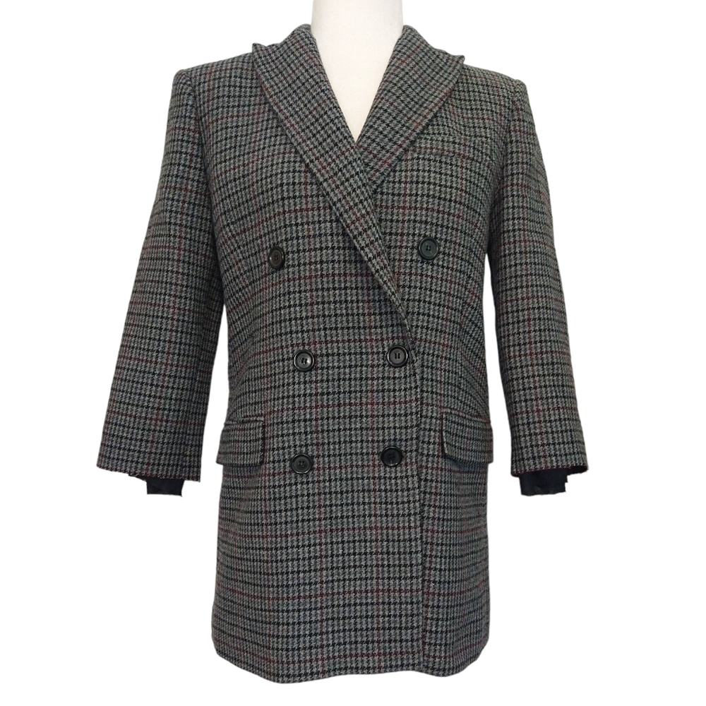 Zara Wool Blend Gray Plaid Double Breasted Blazer 3/4 Raw Sleeves Office Preppy